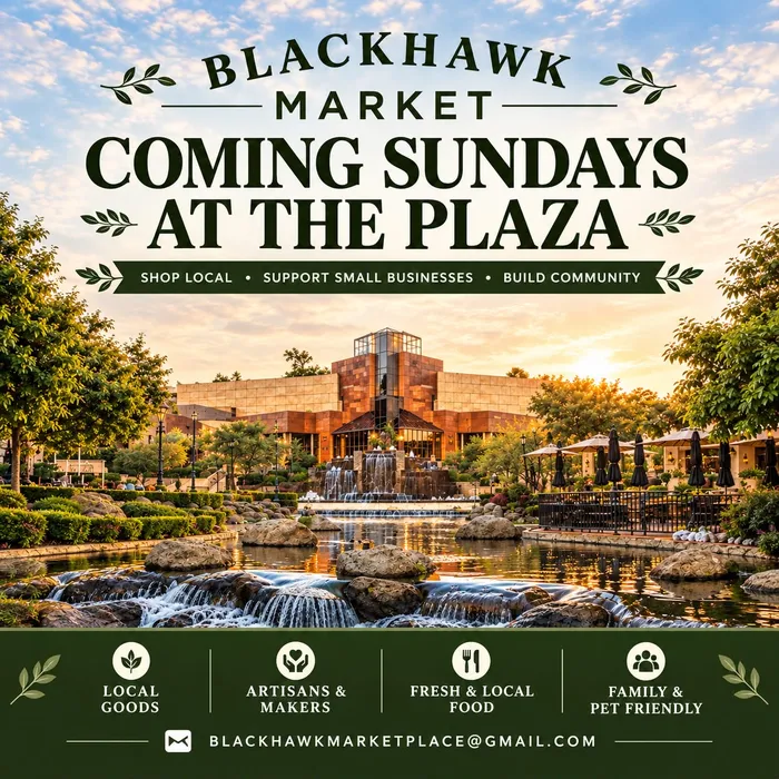 Blackhawk Market, coming Sundays at the Plaza: the plaza's waterfall and fountains at sunset. Shop local, support small businesses, build community.